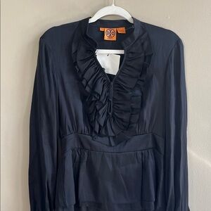 Tory Burch black tiered ruffle bib front silk blouse size 6